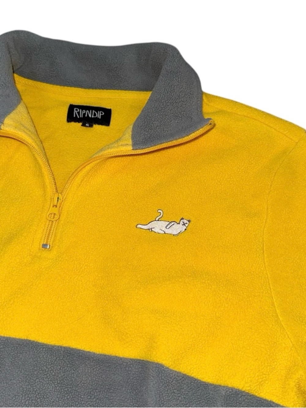 RIPNDIP Fleece Jacket Adult Small Yellow Gray 1/4 Zip Mock Neck Embroidered Cat